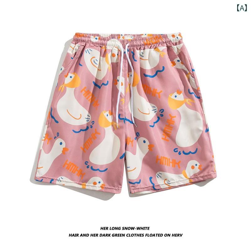 ハーフパンツ メンズ 薄手 ゆったり ストレート スポーツ カジュアル 接触冷感 イージーパンツ ポリエステル プリント ピンク ブラック ホワイト