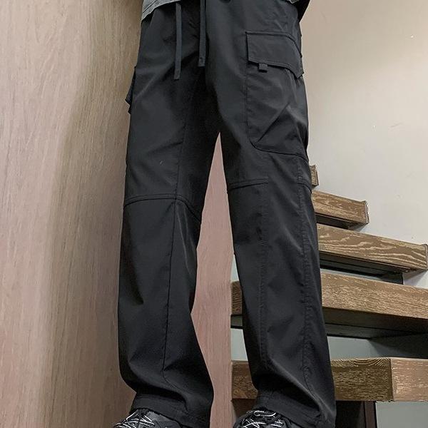 Cargo Pants - パンツ 男性用 アウトドア ワークパンツ カーゴパンツ ストレートパンツ 春秋 普段使い カジュアル ミリタリー 無地 ポリエステル 黒 ブラック カーキ