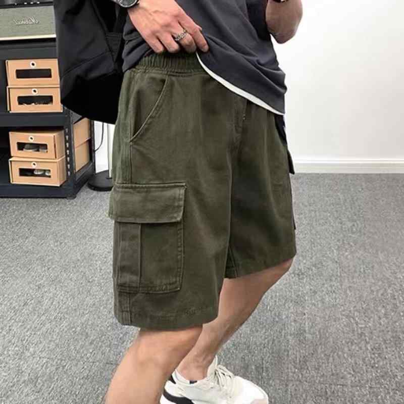 パンツ 男性用 ワークパンツ ストレート ゆったり コットン混紡 無地 8分丈 高腰 ウエストベルト付き グリーン ブラック カジュアル リラックス 四季