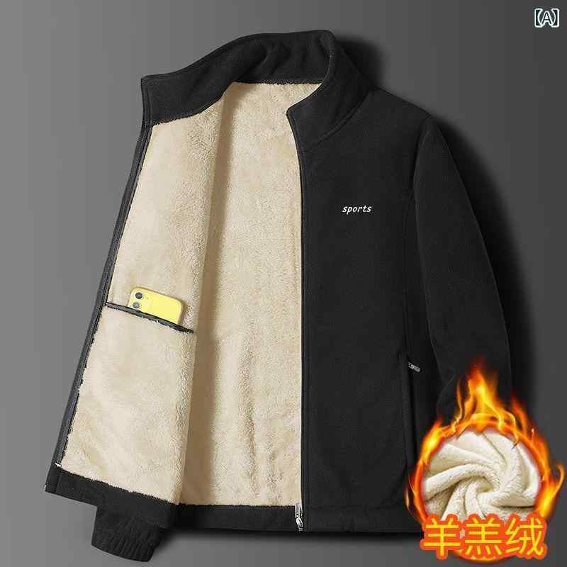 フリースジャケット メンズ 裏起毛 厚手 秋冬用 立ち襟 暖かい 防寒 トップス トレーナー ジャンパー ..