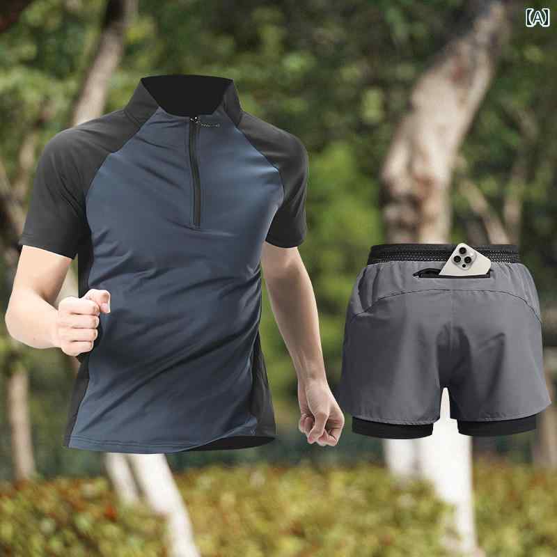 ランニング スポーツ スーツ メンズ フィットネスウェア 夏用 涼しい クール 快適 速乾 半袖 ショートパンツ マラソン 専用 装備 新品