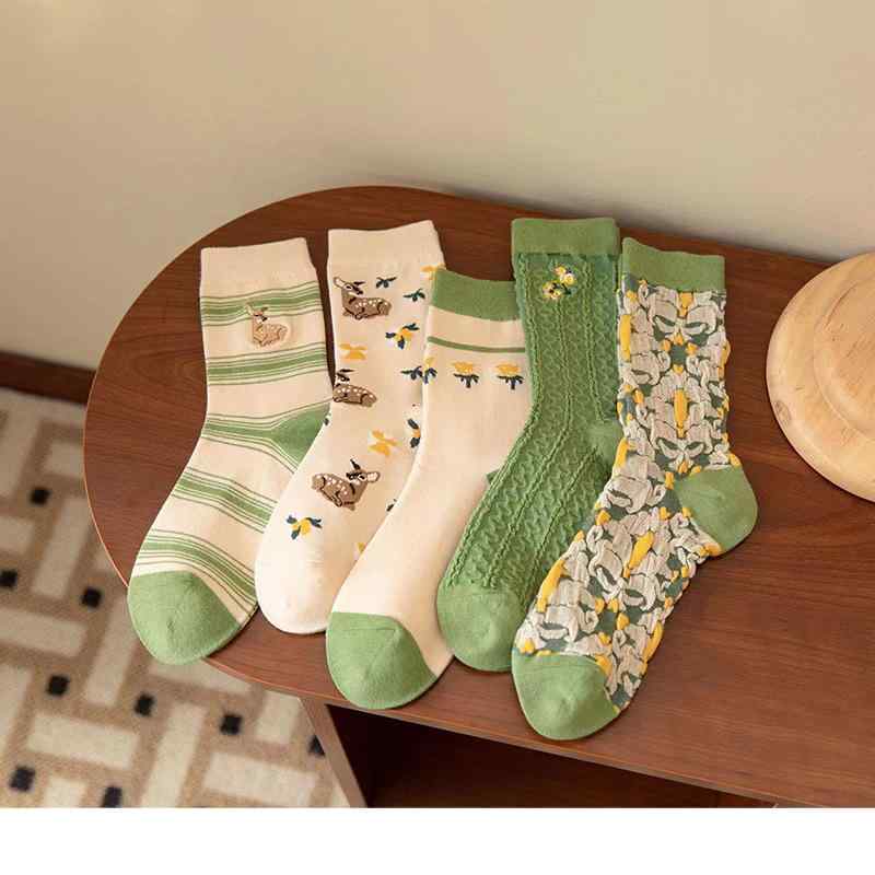 靴下 レディース メンズ 中筒 ソックス 綿 混紡 無地 花柄 春夏 カジュアル 吸汗 1サイズ(x2)