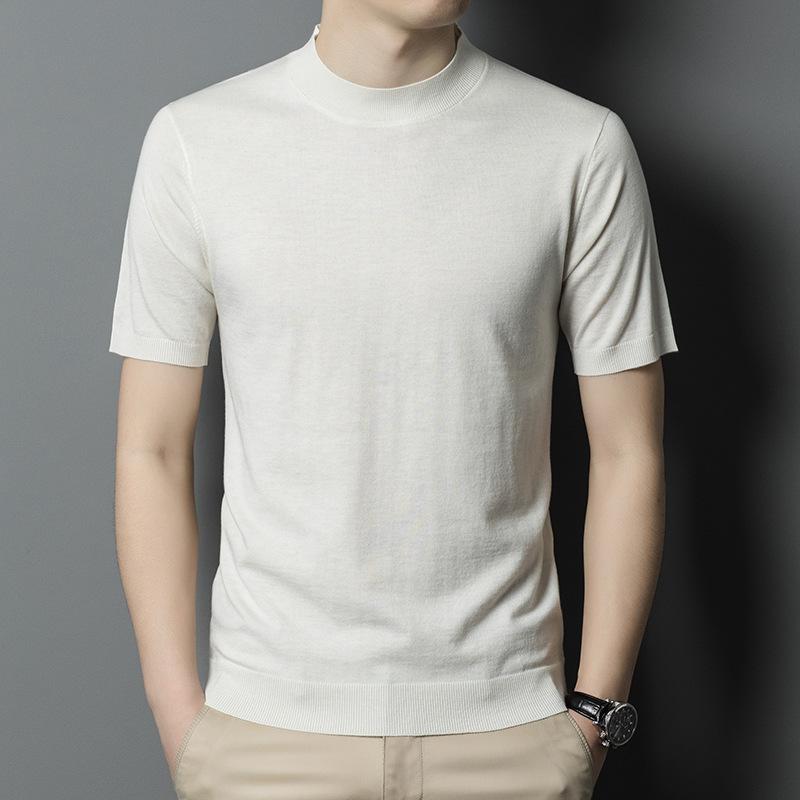 ニット メンズ 羊毛混紡 半袖 ハーフハイネック Tシャツ カットソー プルオーバー 無地 春秋 ストレッチ 伸縮性 通気性 吸湿速乾 普段使い カジュアル 本白 彩藍 花駝 新中灰 紫紅 特黒 宝藍 墨緑 栗色 咖色 軍緑 上青 夾花灰