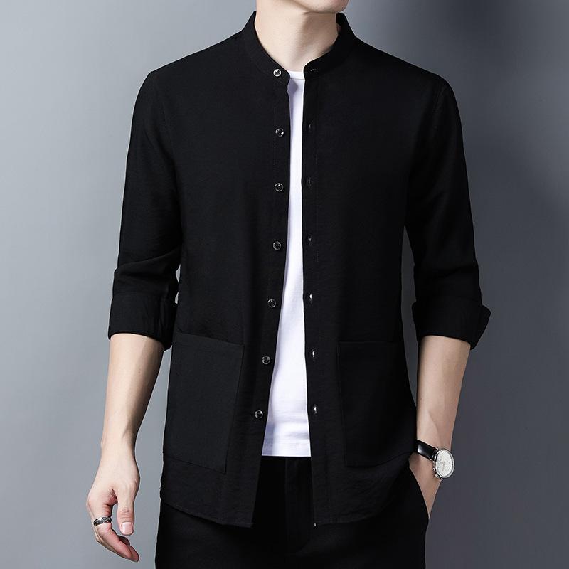 シャツ メンズ 男性用 長袖 立襟 無地 麻混紡 カジュアル ビジネス 普段使い トップス ブラック グレー系 ブルー系・スタイル: ビジネス・対象: メンズ・カテゴリ: シャツ・デザイン: カーディガン・フィット: レギュラー・襟の形: スタンドカラー・袖丈: 長袖・柄: 無地・厚さ: 薄手・ディテール: ポケット・対象年齢: 大人・素材: 麻混紡.ビスコース45.9%・色: ブラック.グレー.ブルーグレー・サイズ: 165, 170, 175, 180, 185・シーズン: 春.秋・用途: カジュアル