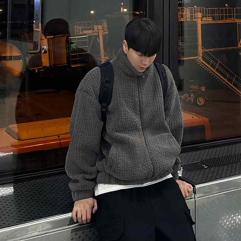 ジャケット メンズ 男性用 ブルゾン 韓国 ゆったり 厚手 無地 ポリエステル 立ち襟 ジップアップ 鉄グ..