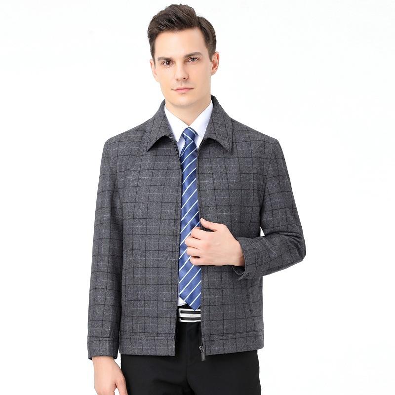 ジャケット 男性用 ウール 混紡 アウター 格子柄 襟付き 春秋 防風 耐摩耗性 吸湿速乾 グレー ブルー