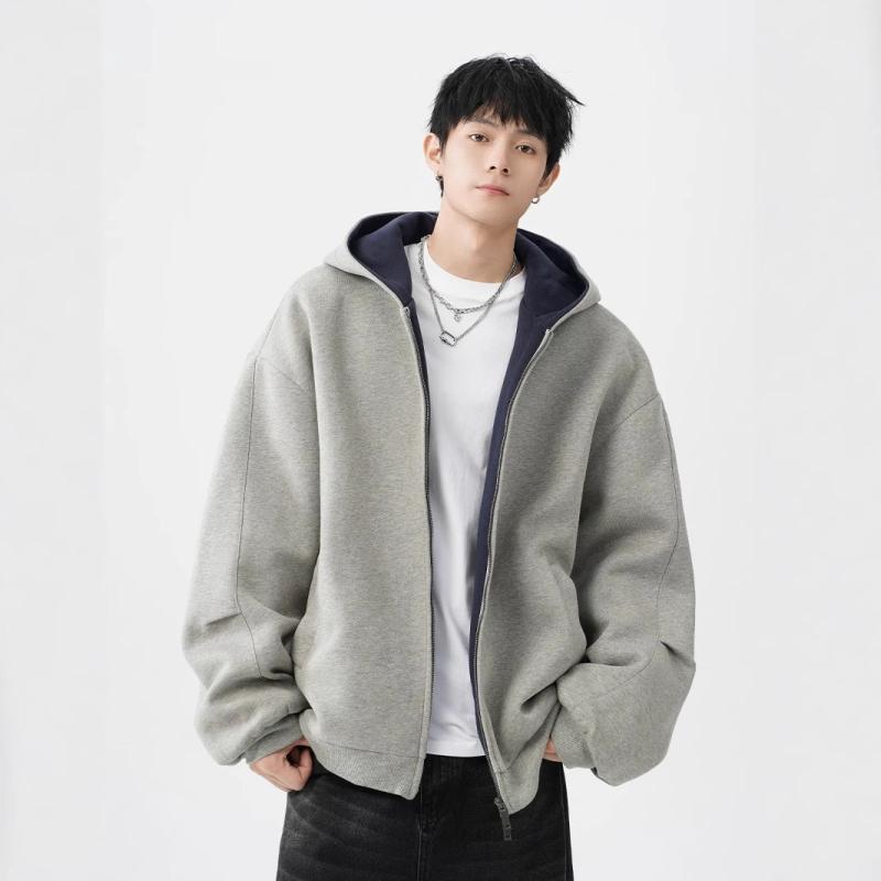 パーカー メンズ 秋冬 厚手 ツートーンカラー ジップアップ フーディ 普段使い デイリー ポリエステル 無地 ライトグレー ブラック