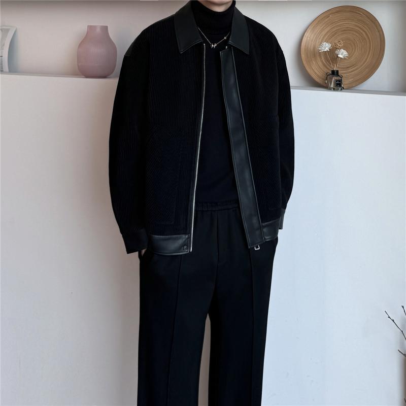 ジャケット メンズ 男性用 PUレザー 切り替え ブルゾン ワークスタイル 普段使い アウター トップス 長袖 襟付き ブラック