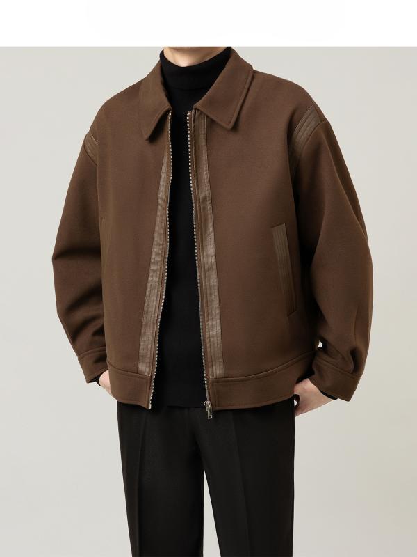 ジャケット メンズ 軽熟風 カジュアル アウター 韓国 ショート丈 ゆったり 襟付き ニット切り替え ブルゾン 男性用 春物 長袖 ブラック 黒 カーキ M L XL 2XL 3XL