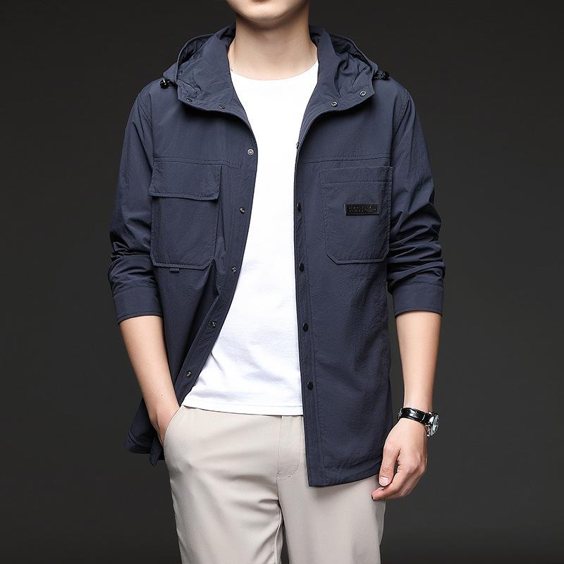 ジャケット メンズ 男性用 ブルゾン 春秋 無地 シングルブレスト フード付き トップス アウター 紺色 カーキ