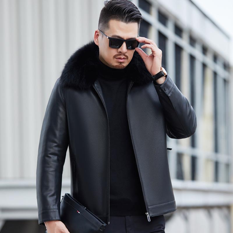 皮ジャケット メンズ 男性用 羊革 狐狸毛襟 中綿 レザー ダウンジャケット ミドル丈 裏地ポリエステル 複数ポケット 防寒 秋冬 黒 ブラック ブラウン