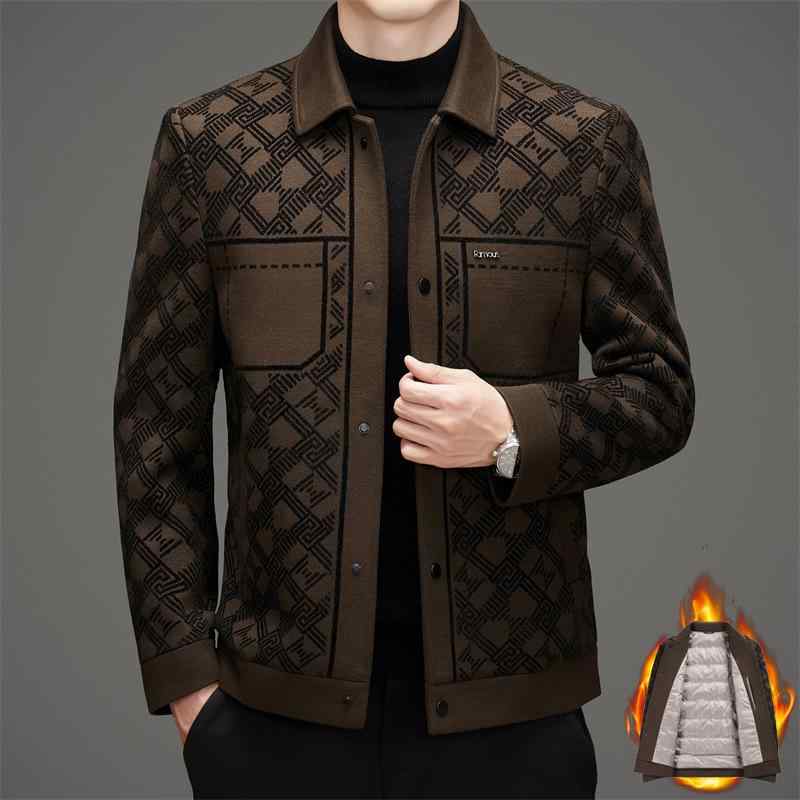 ジャケット メンズ ニット 提花 秋冬 スタイリッシュ 暖かい ポリエステル混紡 厚手 レギュラー袖 ブラウン ブラック