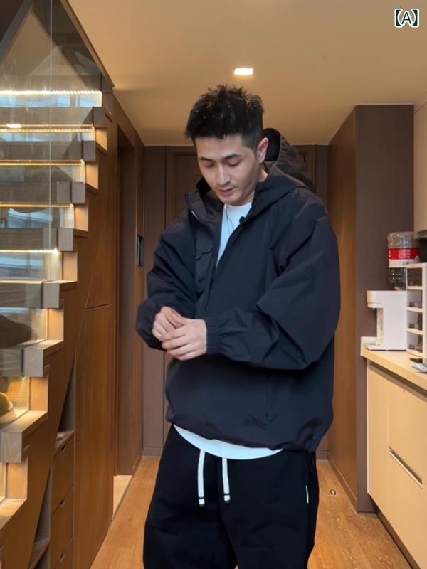 ジャケット メンズ 男性用 秋物 耐摩耗 纯色 切り替え フード付き ブルゾン ジャンパー アウター 普段使い カジュアル ブラック グレー