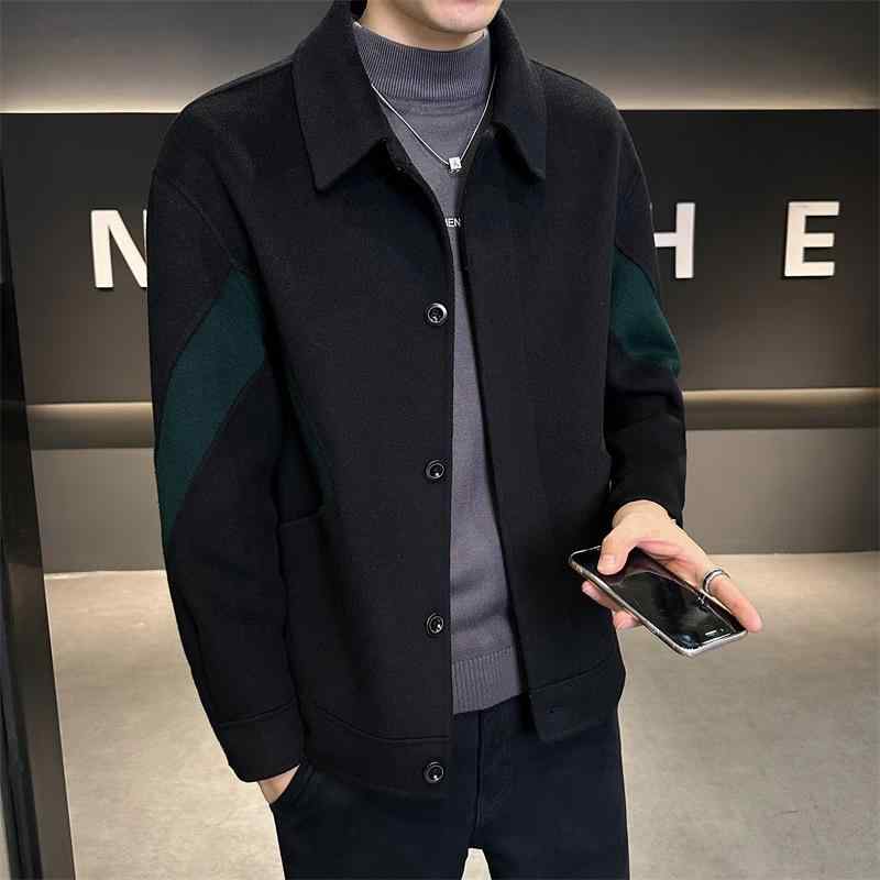 ジャケット メンズ 男性用 ウール 混紡 ダブルフェイス テーラード 秋冬 防風 アウター トップス 配色 切り替え スリムフィット ブラック グレーグリーン M L XL 2XL 3XL