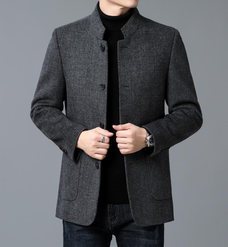 ジャケット メンズ 男性用 ウール コート アウター 秋冬 立襟 ミドル丈 普段使い ビジネス 格子柄 黄色 グレー