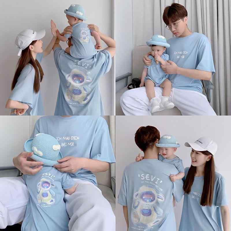 Tシャツ 親子 ペア 半袖 夏物 カートーン ベア プリント 薄手 家族 お揃い ベビー キッズ 男の子 女の..