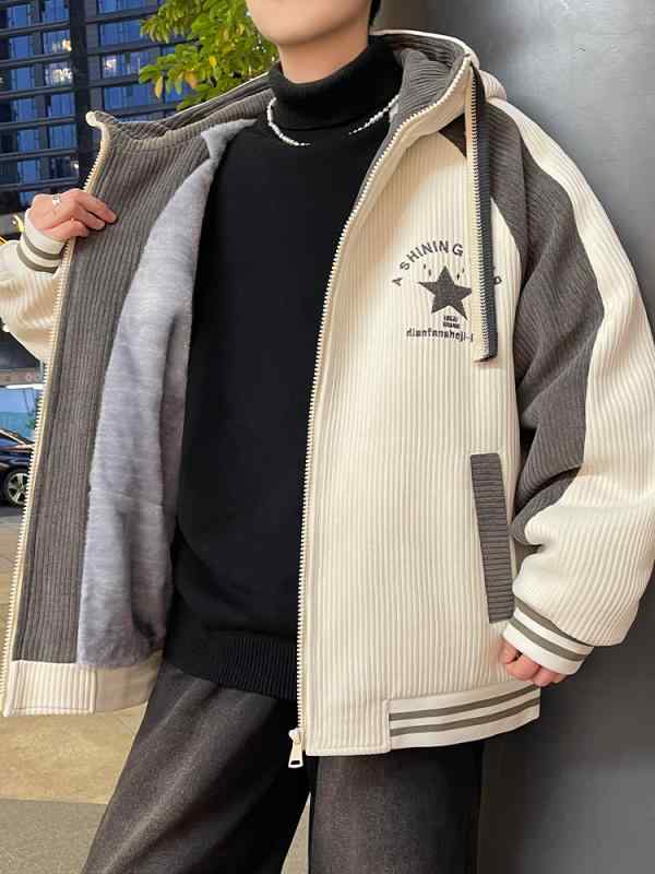 ジャケット メンズ 男性用 裏起毛 コーデュロイ ブルゾン ジャンパー フード付き 配色 リブ袖 グレー ブラック オフホワイト 普段使い