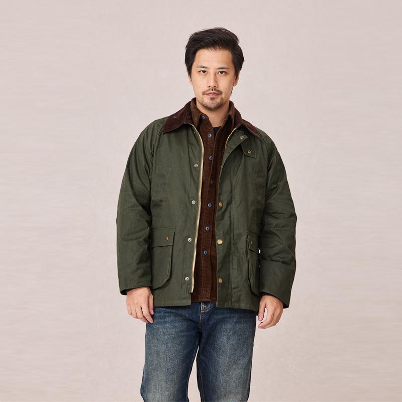 ジャケット メンズ ハンティングジャケット コーデュロイ襟 オイルワックス加工 防水 防風 秋冬 立体ポケット コットン アメカジ 鼠尾草グリーン(x2)