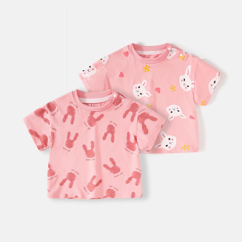Tシャツ ベビー服 男の子 女の子 子供服 半袖 夏物 3歳 1歳 小童 綿 カジュアル 白 水彩 ウサギ柄 73 80 90 100 110 120