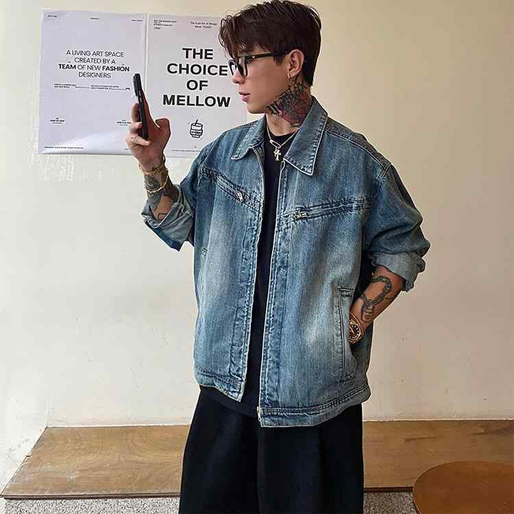 ジャケット 男性用 デニムジャケット ウォッシュ加工 古着風 立襟 長袖 春物 コットン ポリエステル ゆったりサイズ 泥黄色 ブルー