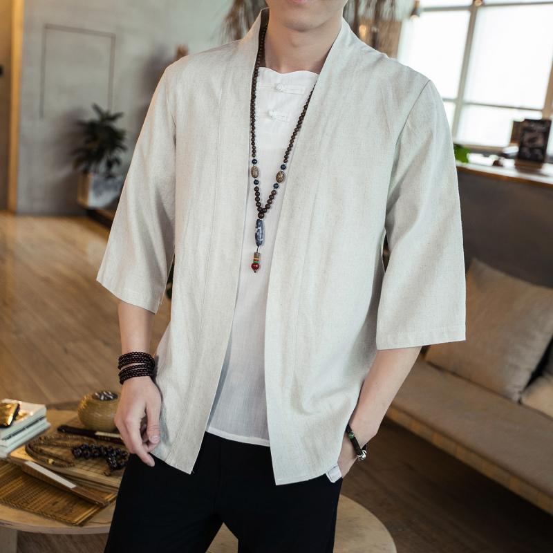 シャツ メンズ 男性用 亜麻混紡 リネン 中国風 チャイナスタイル カンフーシャツ 羽織り トップス 七分袖 カットソー スタンドカラー 無地 ブラック 麻色 普段使い 部屋着