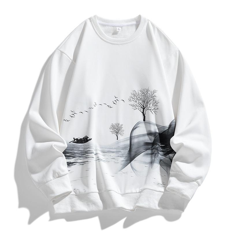 スウェット メンズ 中国風 トップス 長袖 Tシャツ カットソー ラウンドネック プルオーバー 春秋 普段使い ルームウェア 部屋着 ホワイト ブラック系