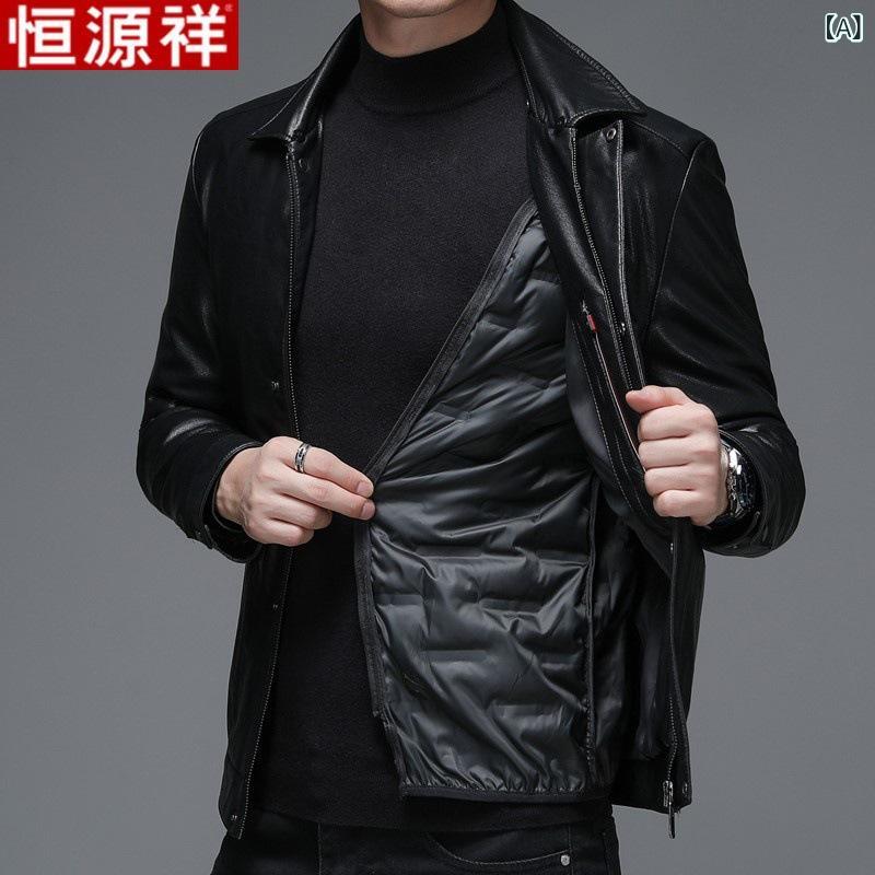 レザージャケット メンズ 男性用 恒源祥 レザー アウター 防風 防寒 取り外し可能 ダウン ミドル丈 毛襟 襟付き ブラック 黒 グレー PUレザー 秋冬 カジュアル