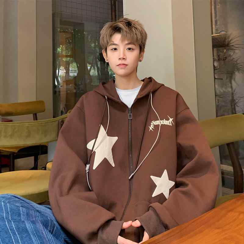 パーカー メンズ 男性用 星柄 プリント プルオーバー スウェット 長袖 春秋 ストリート系 カジュアル ウェア トップス 部屋着 ゆったり カフェ ブラック系