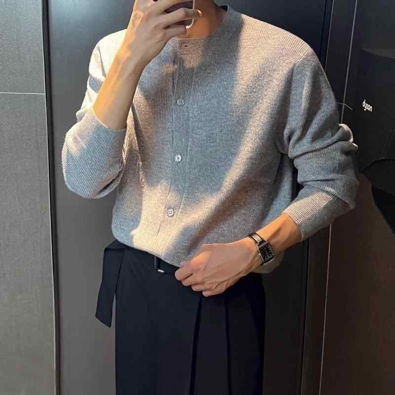 ニット カーディガン メンズ 秋冬 韓国 無地 トップス インナー 長袖 丸首 暖かい 厚手 グレー 黒 M L XL 2XL