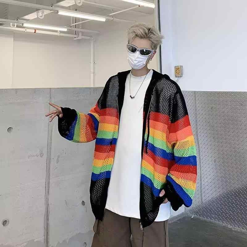 カーディガン メンズ 配色 ニット 春秋 長袖 パーカー 薄手 学院風 リブ カジュアル 白 黒