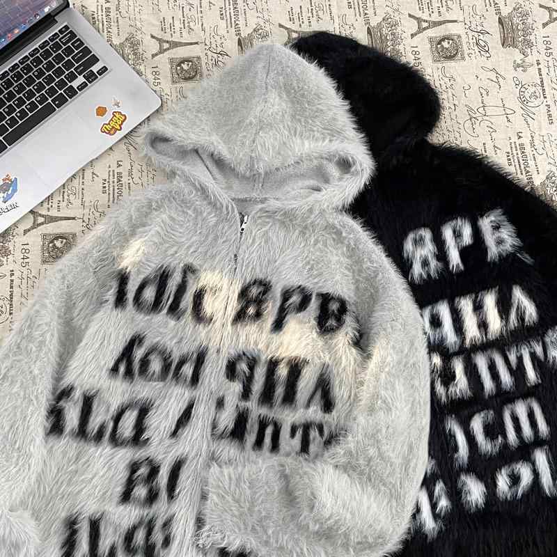 ニットカーディガン メンズ 男性用 ストリート アルファベット ルーズ ジップアップ ファーフリース 長袖 トップス 秋冬 グレー 黒 ポリエステル