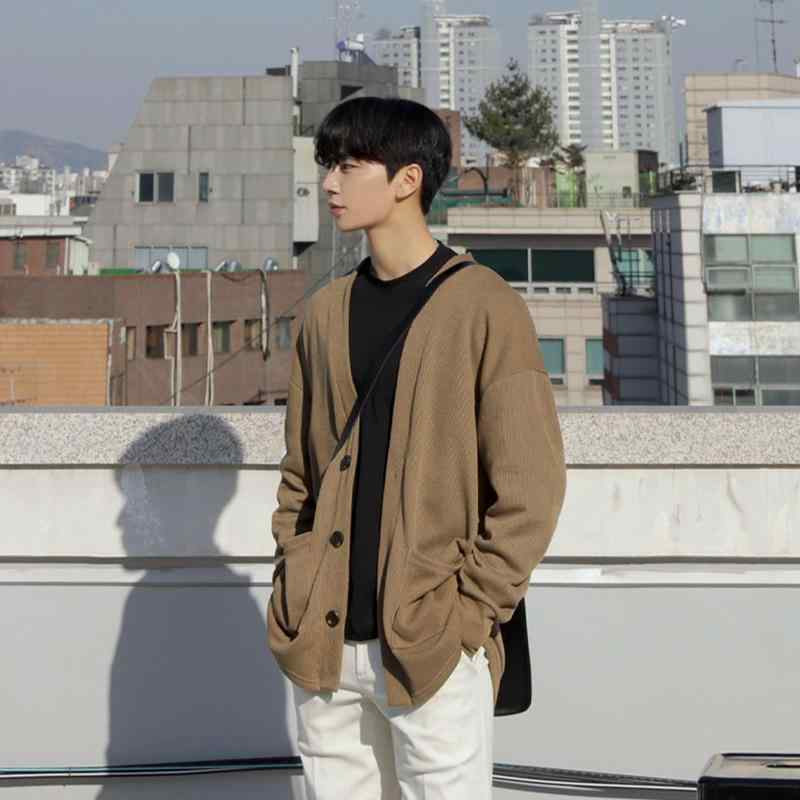 ニットカーディガン メンズ ニットトップス Vネック 長袖 無地 薄手 ルーズフィット カジュアルスタイル ブラック ブラウン系