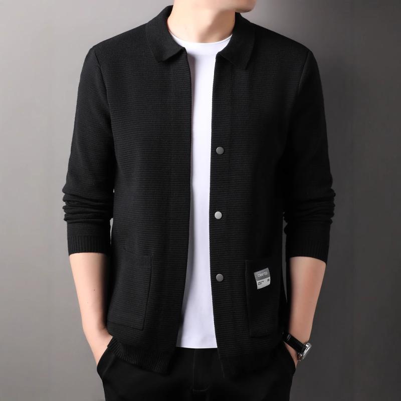 ニットカーディガン メンズ 男性用 トップス 長袖 襟付き 提花 伸縮性 ポリエステル混紡 ゆったり ラクダ色 黒 グレー コーヒー色 春秋 普段使い 35歳以上