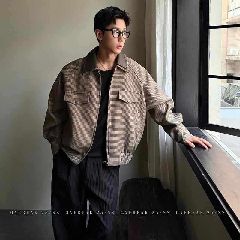 ジャケット メンズ 男性用 千鳥格子柄 ショート丈 ハリントンジャケット ゆったり 襟付き 長袖 ブルゾン アウター 街着 カジュアルスタイル コーヒー色