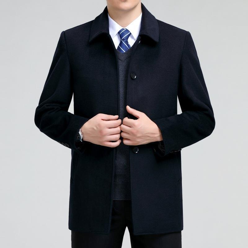 ジャケット 男性用 ウール アウター ミドル丈 シニア 厚手 ウール 混紡 テーラード 秋冬 防風 防寒 ビジネス カジュアル 黒