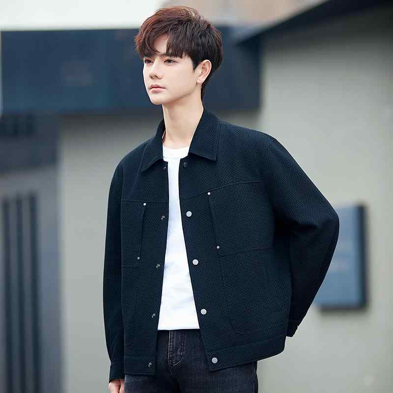 ジャケット メンズ 男性用 ワッフル 織り 襟付き 春秋 薄手 カジュアル ゆったり ブラック 黒 抹茶色