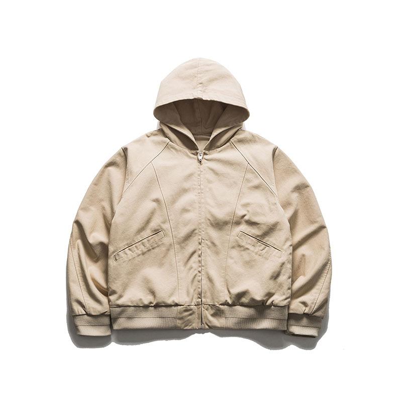 ジャケット 男性用 春秋 日系 连帽 コットン 耐摩耗 多ポケット リブ裾 ミドル丈 ワーク ブラック カーキ(x2)
