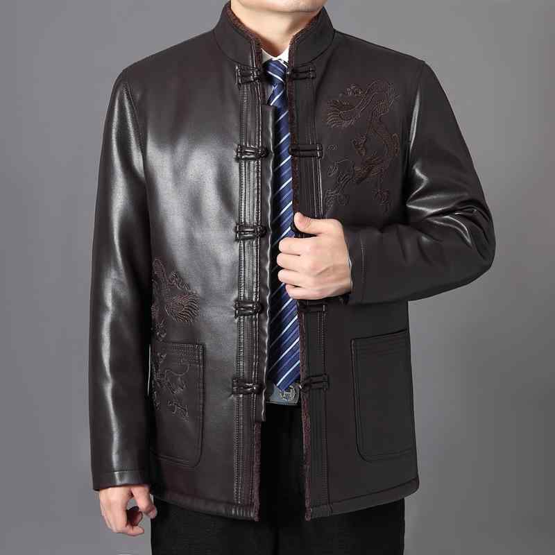 ジャケット 男性用 PUレザー 立襟 ミドル丈 アウター 秋冬 中国風 チャイナスタイル 紳士服 ブラック ..