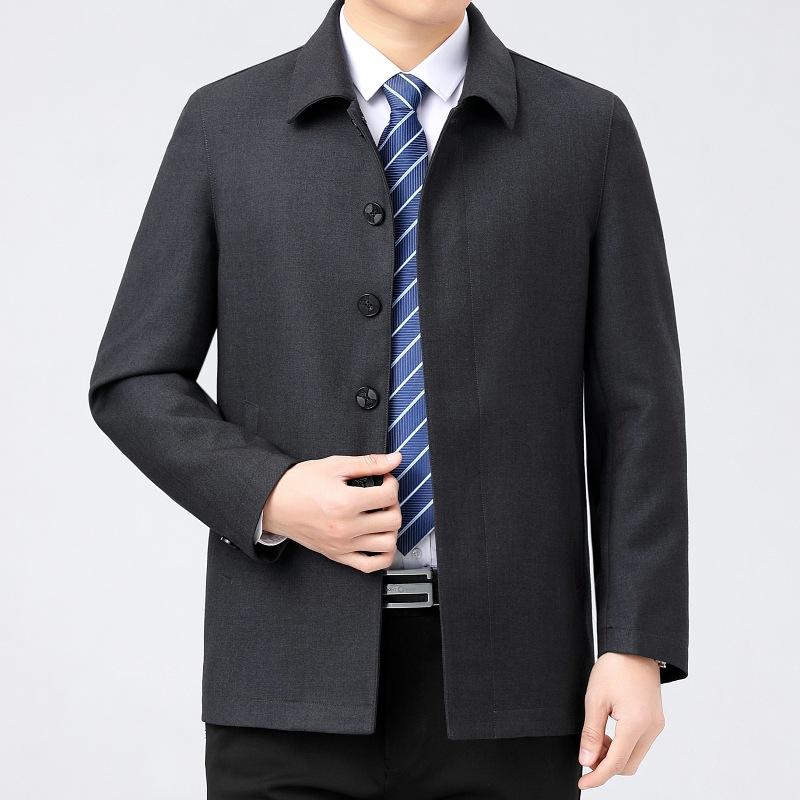 ジャケット 男性用 ウール 混紡 アウター 父親 服 カジュアル ウェア 襟付き ゆったり 厚手 無地 秋冬 長袖 黒 ブラック グレー ボタン 留め