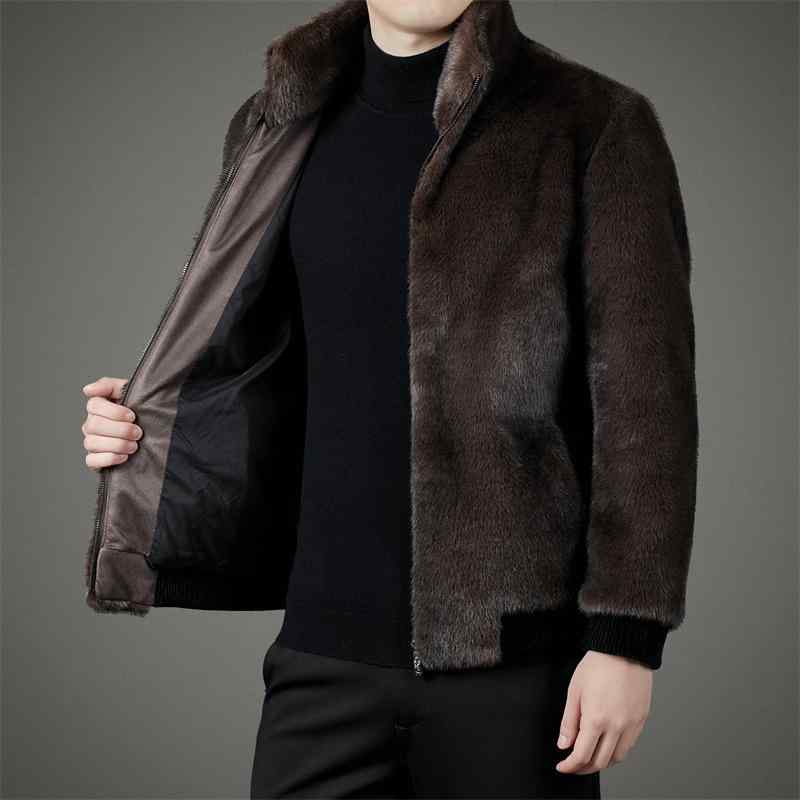 ジャケット 男性用 貂绒 ブルゾン スタンドカラー 秋冬 アウター 耐摩耗 聚酯纤维 休闲 ブラック コーヒーカラー