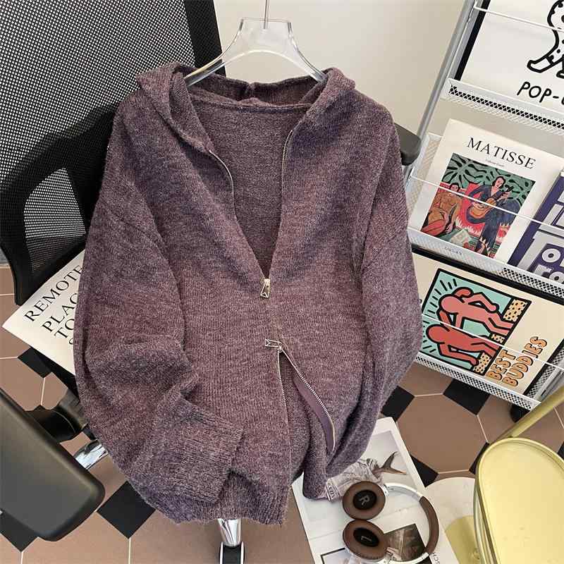 ニットカーディガン メンズ ヴィンテージライク フード付き リラックスフィット 春秋 男女兼用 黒 グレー 紫 ポリエステル