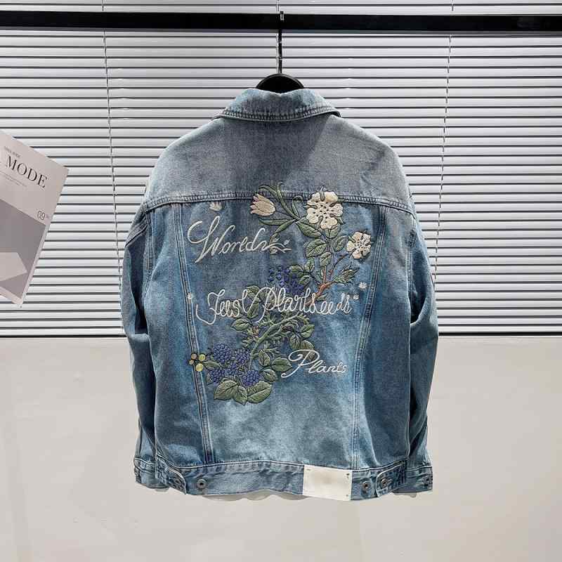ジャケット メンズ 男性用 浅ブルー 花柄 刺繍 デニムジャケット Gジャン カジュアル 耐摩耗 ライトアウター