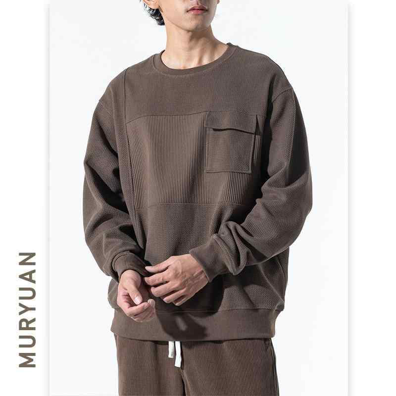スウェット メンズ 秋物 長袖 ラウンドネック トレーナー 条絨 パッチワーク striped ドロップショルダー ポリエステル ゆったり ブラック ベージュ グレー