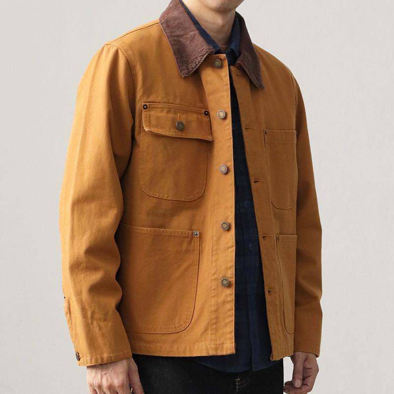 ジャケット 男性用 水洗加工 古着風 帆布 ハンティングジャケット アメリカンレトロ ミシガン ワークウェア カーハート風 ブルゾン アウター ポケット付き 無地 カーキ ネイビー(x2)