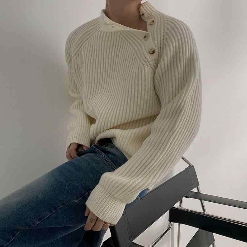 ニット メンズ 男性用 セーター トップス 長袖 ハーフネック リブ編み ゆったり 普段使い 韓国 アクリル オフホワイト ブラック