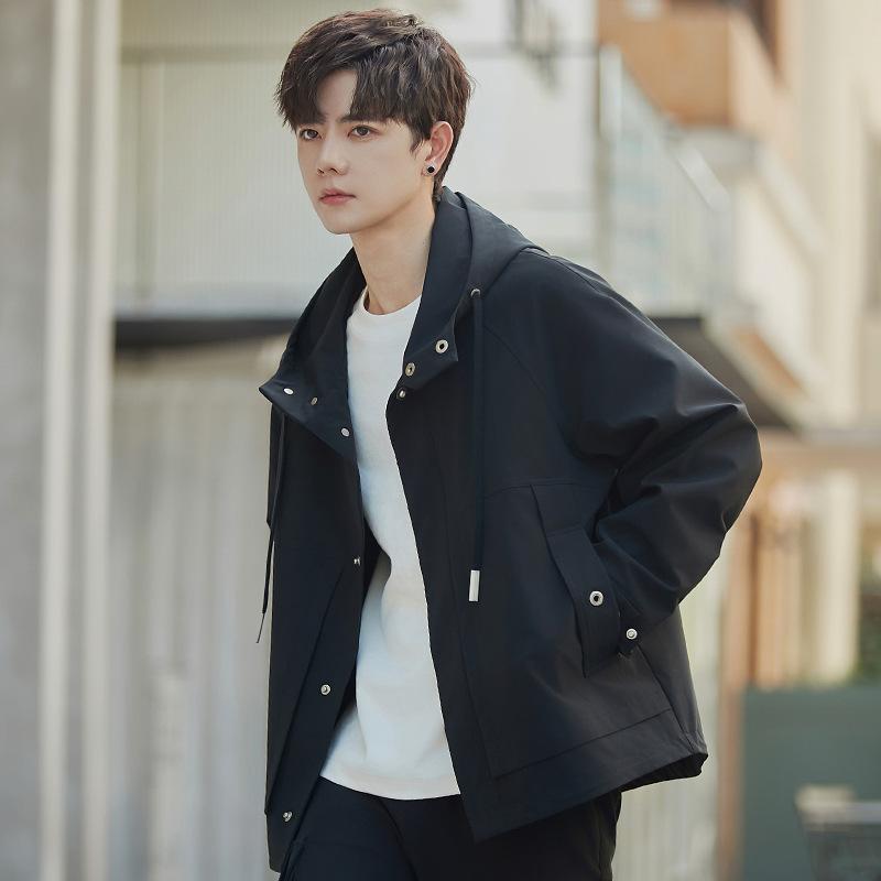 ジャケット 男性用 ブルゾン 春秋 韓国 ゆったり ポリエステル 無地 フード付き ブラック コーヒー色 ベージュ レッド M L XL 2XL 3XL