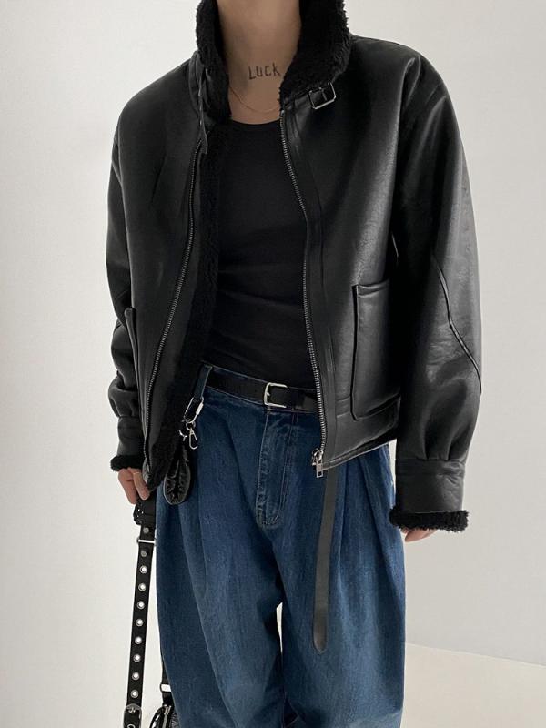 ジャケット 男性用 裏ボア レザー 秋冬 立襟 ゆったりサイズ 黒 M L XL 2XL 防寒 あったか 裏起毛