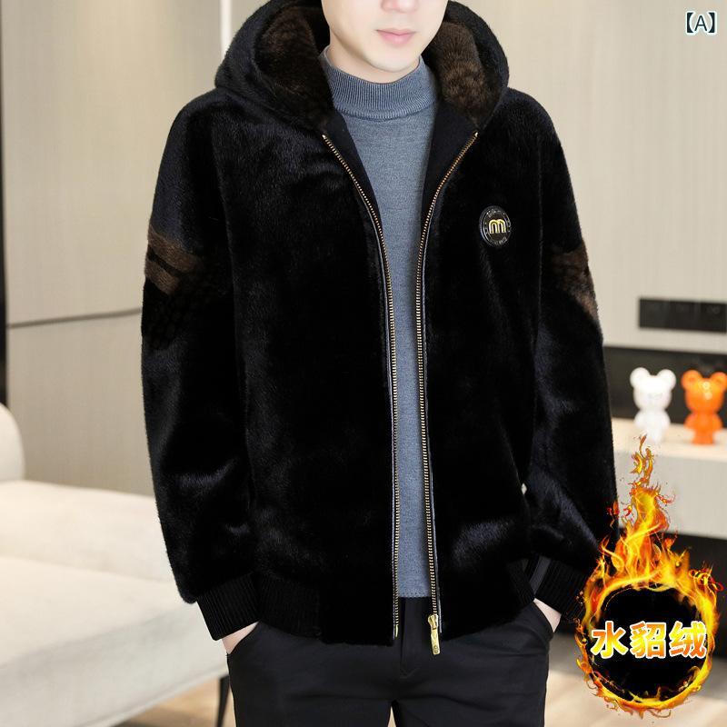 ジャケット 男性用 ファーファー ゴールド ファー 人工皮革 裏ボア 防寒 フード付き 秋冬 黒 ブルゾン ジャンパー アウター