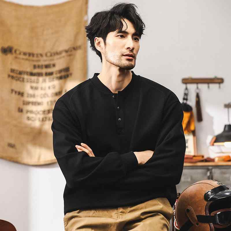 スウェット メンズ ヘンリーネック プルオーバー 春秋 長袖 カットソー アメリカンカジュアル風 コットン トップス 黒 ブラック グレーブラウン 350g 厚手 無地