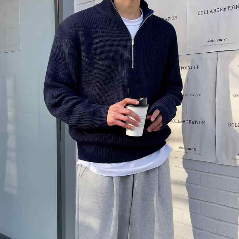 ニット メンズ ハーフジップ セーター 韓国 ゆったり 無地 長袖 トップス プルオーバー 秋冬 普段使い 部屋着